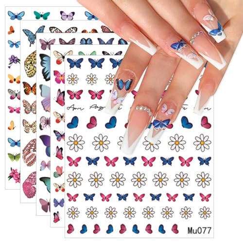 JMEOWIO Nagelsticker Frühlings Schmetterling 9 Blatt Nail Art Sticker Selbstklebend Nagelaufkleber Bunte Sommer Blumen Dekoration Nageldesign Zubehör von jmeowio