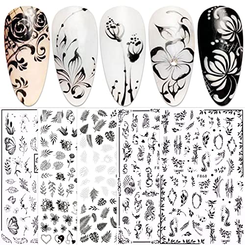 JMEOWIO Nagelsticker Frühlings Schwarz Weiß Blume 10 Blatt Nail Art Sticker Selbstklebend Nagelaufkleber Sommer Blumen Blatt Dekoration Nageldesign Zubehör von jmeowio