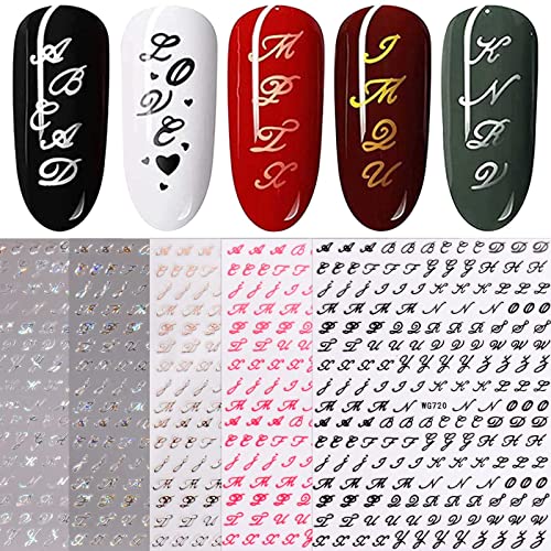 JMEOWIO Nagelsticker Glitzer Alter Buchstabe 6 Blatt Nail Art Sticker Selbstklebend Nagelaufkleber Englisches Alphabet Dekoration Nageldesign Zubehör von jmeowio
