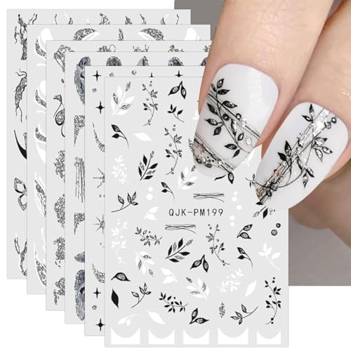 JMEOWIO Nagelsticker Glitzer Blumen 10 Blatt Nail Art Sticker Selbstklebend Nagelaufkleber Schwarz Weiss Dekoration Nageldesign Zubehör von jmeowio