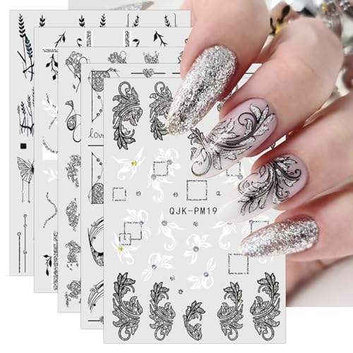 JMEOWIO Nagelsticker Glitzer Blumen 10 Blatt Nail Art Sticker Selbstklebend Nagelaufkleber Schwarz Weiss Dekoration Nageldesign Zubehör von jmeowio
