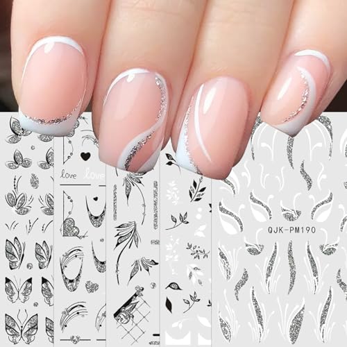 JMEOWIO Nagelsticker Glitzer Französischspitze 10 Blatt Nail Art Sticker Selbstklebend Nagelaufkleber Schwarz Weiss Dekoration Nageldesign Zubehör von jmeowio