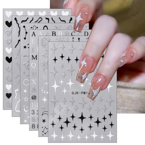 JMEOWIO Nagelsticker Glitzer Schwarz Weißer Stern 10 Blatt Nail Art Sticker Selbstklebend Nagelaufkleber Süß Dekoration Nageldesign Zubehör von jmeowio