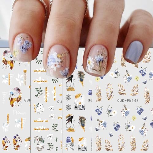 JMEOWIO Nagelsticker Glitzernde Frühlings Blume 10 Blatt Nail Art Sticker Selbstklebend Nagelaufkleber Bunte Sommer Blumen Dekoration Nageldesign Zubehör von jmeowio