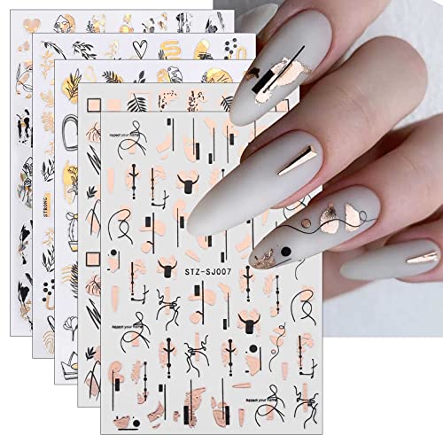 JMEOWIO Nagelsticker Goldene Blumen 10 Blatt Nail Art Sticker Selbstklebend Nagelaufkleber Frühling Linie Abstraktes Blatt Dekoration Nageldesign Zubehör von jmeowio