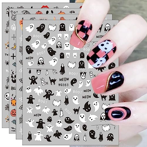 JMEOWIO Nagelsticker Halloween 12 Blatt Nail Art Sticker Selbstklebend Nagelaufkleber Totenkopf Horror Geist Katze Hexen Fledermaus Spuk Dekoration Nageldesign Zubehör von jmeowio