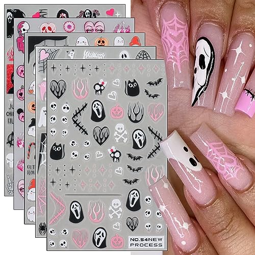 JMEOWIO Nagelsticker Halloween 6 Blatt Nail Art Sticker Selbstklebend Nagelaufkleber Totenkopf Süßer Horror Geist Hexe Spinnennetz Fledermaus Kürbis Spuk Dekoration Nageldesign Zubehör von jmeowio