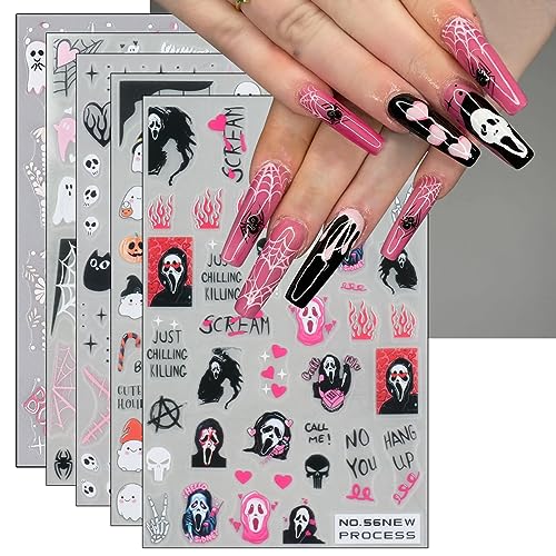 JMEOWIO Nagelsticker Halloween 6 Blatt Nail Art Sticker Selbstklebend Nagelaufkleber Totenkopf Süßer Horror Geist Hexe Spinnennetz Fledermaus Kürbis Spuk Dekoration Nageldesign Zubehör von jmeowio