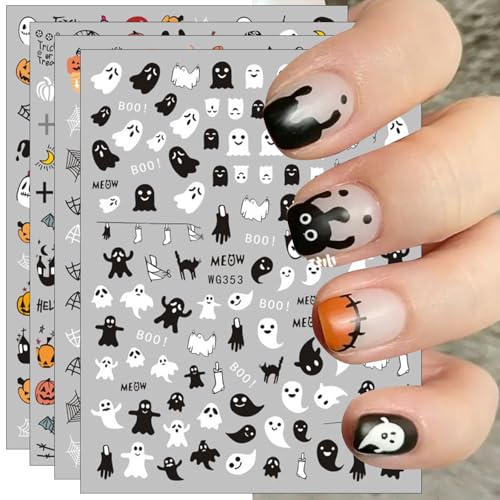 JMEOWIO Nagelsticker Halloween 8 Blatt Nail Art Sticker Selbstklebend Nagelaufkleber Kürbisschädel Geist Spinnennetz Fledermaus Spuk Dekoration Nageldesign Zubehör von jmeowio