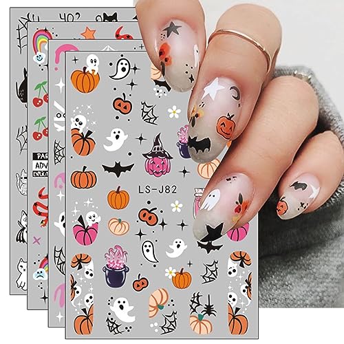 JMEOWIO Nagelsticker Halloween 8 Blatt Nail Art Sticker Selbstklebend Nagelaufkleber Totenkopf Niedlicher Horror Geist Fledermaus Kürbis Spuk Dekoration Nageldesign Zubehör von jmeowio