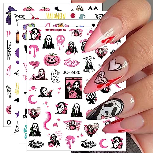 JMEOWIO Nagelsticker Halloween 9 Blatt Nail Art Sticker Selbstklebend Nagelaufkleber Schädel Horror Geist Rosa Kürbis Spuk Dekoration Nageldesign Zubehör von jmeowio