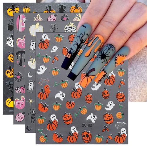 JMEOWIO Nagelsticker Halloween 9 Blatt Nail Art Sticker Selbstklebend Nagelaufkleber Totenkopf Geist Hexenspinnennetz Fledermaus Kürbisgespenst Dekoration Nageldesign Zubehör von jmeowio