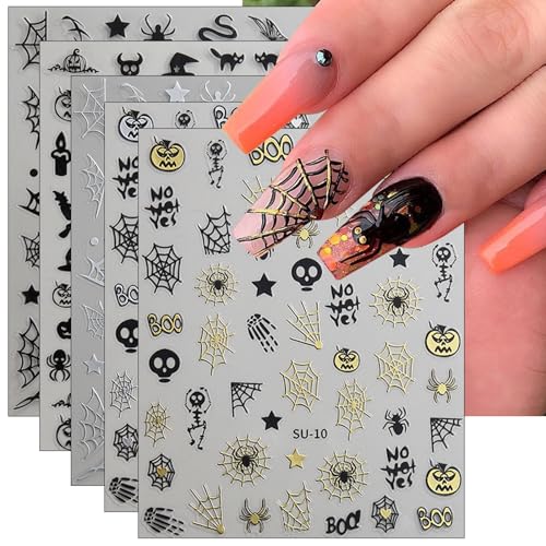 JMEOWIO Nagelsticker Halloween 9 Blatt Nail Art Sticker Selbstklebend Nagelaufkleber Totenkopf Geist Hexenspinnennetz Fledermaus Kürbisgespenst Dekoration Nageldesign Zubehör von jmeowio