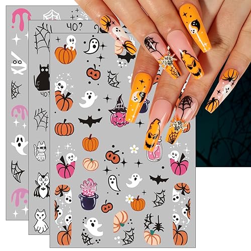 JMEOWIO Nagelsticker Halloween 9 Blatt Nail Art Sticker Selbstklebend Nagelaufkleber Totenkopf Horror Geist Hexe Spinnennetz Fledermaus Kürbis SpukDekoration Nageldesign Zubehör von jmeowio