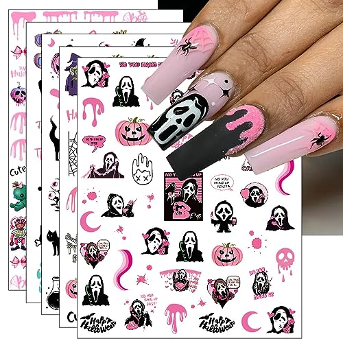 JMEOWIO Nagelsticker Halloween 9 Blatt Nail Art Sticker Selbstklebend Nagelaufkleber Totenkopf Süßer Horror Geist Hexe Spinnennetz Fledermaus Kürbis Spuk Dekoration Nageldesign Zubehör von jmeowio