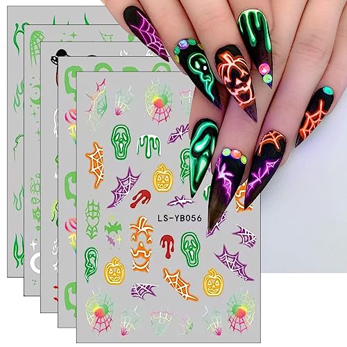 JMEOWIO Nagelsticker Halloween Leuchten im Dunkeln 9 Blatt Nail Art Sticker Selbstklebend Nagelaufkleber Leuchtender Totenkopf Geist Spinnennetz Fledermaus Kürbis Dekoration Nageldesign Zubehör von jmeowio