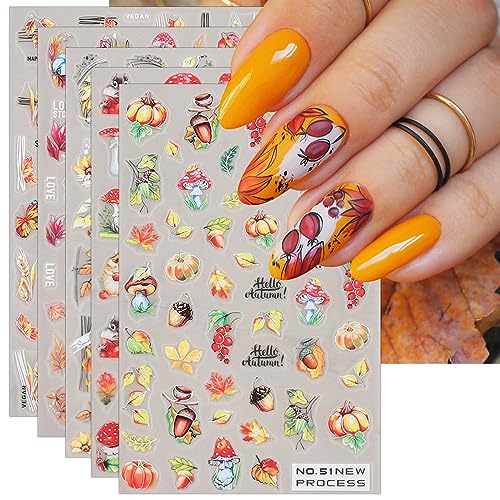 JMEOWIO Nagelsticker Herbst 6 Blatt Nail Art Sticker Selbstklebend Nagelaufkleber Kürbis Ahornblatt Erntedankfest Dekoration Nageldesign Zubehör von jmeowio