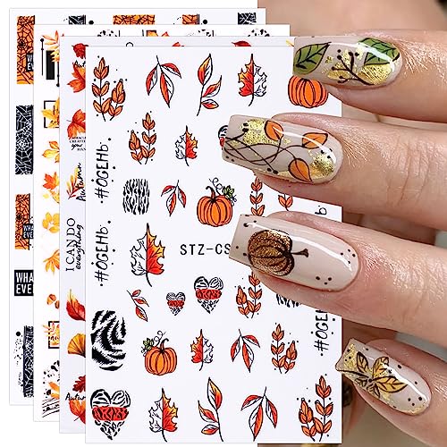 JMEOWIO Nagelsticker Herbst 9 Blatt Nail Art Sticker Selbstklebend Nagelaufkleber Kürbis Ahornblatt Erntedankfest Dekoration Nageldesign Zubehör von jmeowio