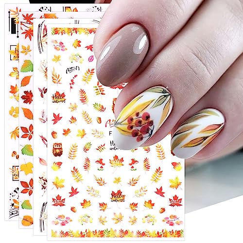 JMEOWIO Nagelsticker Herbst 9 Blatt Nail Art Sticker Selbstklebend Nagelaufkleber Kürbis Ahornblatt Erntedankfest Dekoration Nageldesign Zubehör von jmeowio