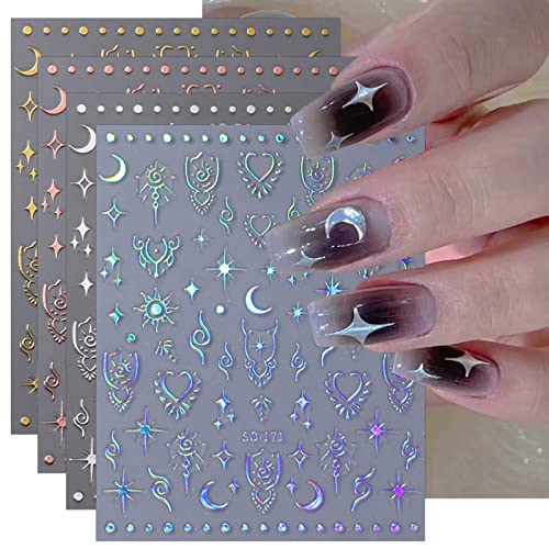 JMEOWIO Nagelsticker Holografischer Aurora Mondstern 8 Blatt Nail Art Sticker Selbstklebend Nagelaufkleber Buntes Dekoration Nageldesign Zubehör von jmeowio