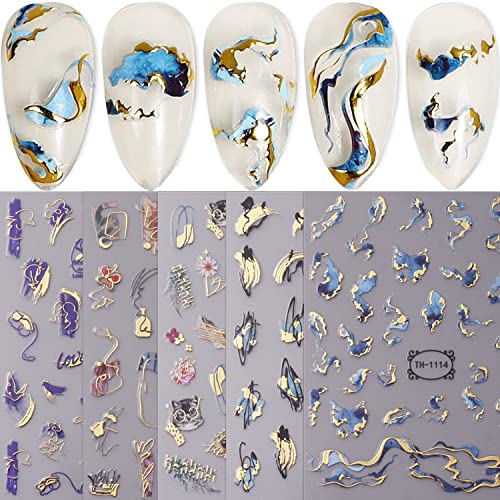 JMEOWIO Nagelsticker Marmor Französischer Tip 8 Blatt Nail Art Sticker Selbstklebend Nagelaufkleber Wellenlinie Dekoration Nageldesign Zubehör von jmeowio