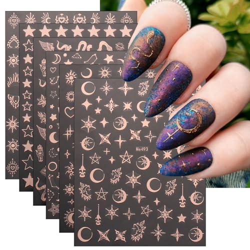 JMEOWIO Nagelsticker Mond Stern 10 Blatt Nail Art Sticker Selbstklebend Nagelaufkleber Roségold Dekoration Nageldesign Zubehör von jmeowio