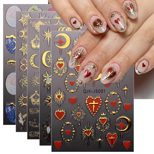 JMEOWIO Nagelsticker Mond Stern Herz 9 Blatt Nail Art Sticker Selbstklebend Nagelaufkleber Bunt Dekoration Nageldesign Zubehör von jmeowio