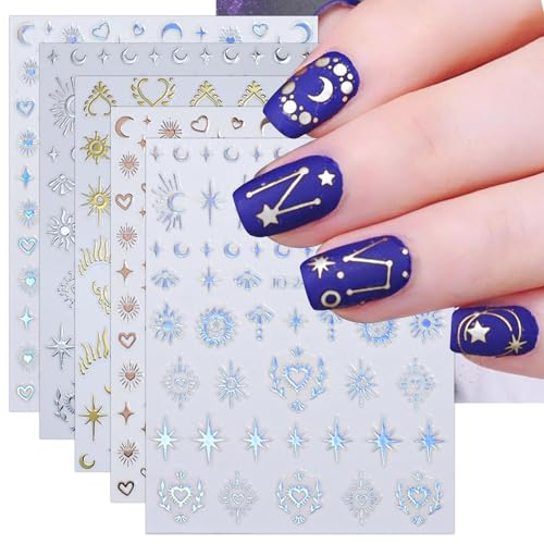 JMEOWIO Nagelsticker Mond Stern Sonne 8 Blatt Nail Art Sticker Selbstklebend Nagelaufkleber Bunt Dekoration Nageldesign Zubehör von jmeowio