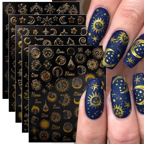 JMEOWIO Nagelsticker Mond Stern Sonne 9 Blatt Nail Art Sticker Selbstklebend Nagelaufkleber Gold Dekoration Nageldesign Zubehör von jmeowio