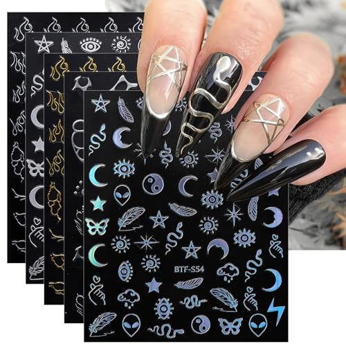 JMEOWIO Nagelsticker Mond Stern Sonne 9 Blatt Nail Art Sticker Selbstklebend Nagelaufkleber Schlange Bunt Dekoration Nageldesign Zubehör von jmeowio
