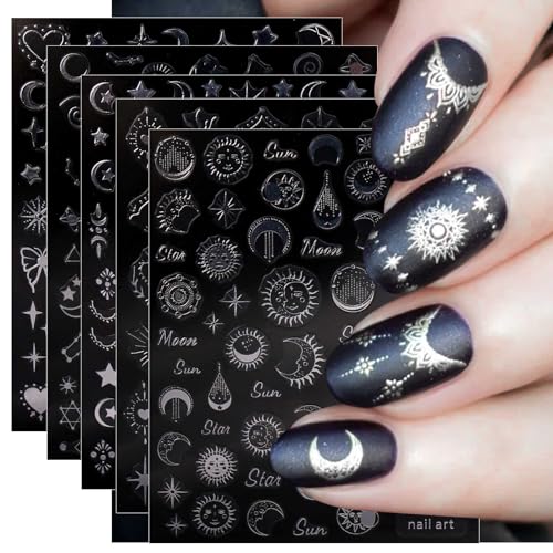 JMEOWIO Nagelsticker Mond Stern Sonne 9 Blatt Nail Art Sticker Selbstklebend Nagelaufkleber Silber Dekoration Nageldesign Zubehör von jmeowio