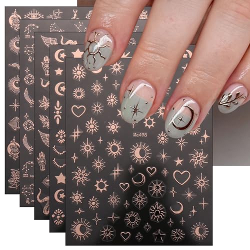 JMEOWIO Nagelsticker Mond Stern Sonne Herz 10 Blatt Nail Art Sticker Selbstklebend Nagelaufkleber Roségold Dekoration Nageldesign Zubehör von jmeowio