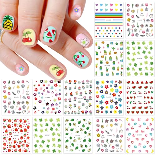 jmeowio Nagelsticker Niedliche Nagelaufkleber für Kinder 16 Blatt Nail Art Sticker Selbstklebend Nagelaufkleber Frucht Blume Dekoration Nageldesign Zubehör von jmeowio