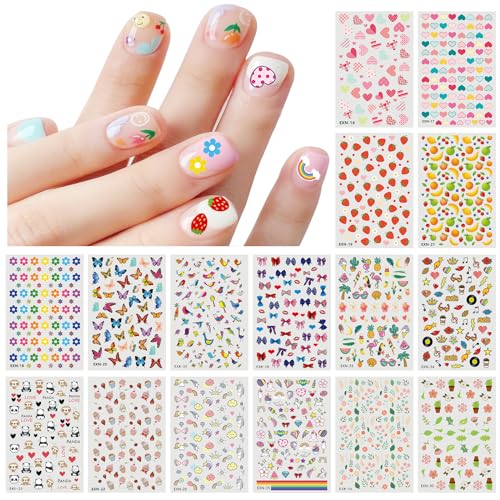 JMEOWIO Nagelsticker Niedliche Nagelaufkleber für Kinder 18 Blatt Nail Art Sticker Selbstklebend Nagelaufkleber Herz Blumen Frucht Regenbogen Dekoration Nageldesign Zubehör von jmeowio