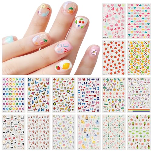 JMEOWIO Nagelsticker Niedliche Nagelaufkleber für Kinder 18 Blatt Nail Art Sticker Selbstklebend Nagelaufkleber Herz Blumen Frucht Regenbogen Dekoration Nageldesign Zubehör von jmeowio