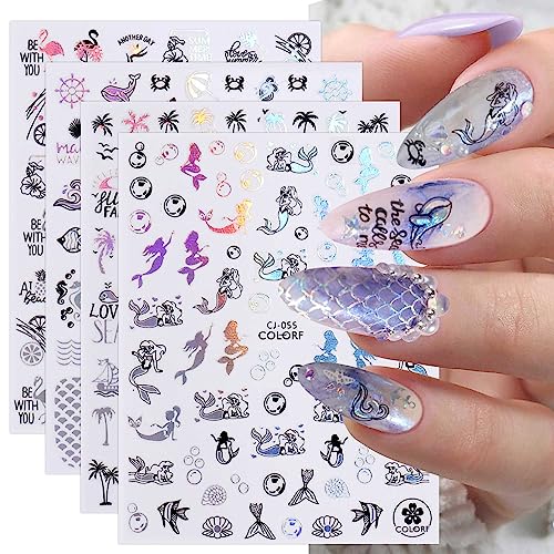 JMEOWIO Nagelsticker Strand 9 Blatt Nail Art Sticker Selbstklebend Nagelaufkleber Sommer Ozean Hai Tropisch Dekoration Nageldesign Zubehör von jmeowio