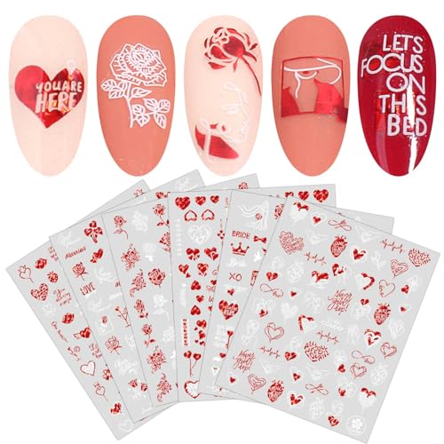 JMEOWIO Nagelsticker Valentinstag 9 Blatt Nagelaufkleber Selbstklebend Liebes-Rosen-Blumen-Muster-rotes Weiß Nail Art Sticker Dekoration Nageldesign Zubehör von jmeowio