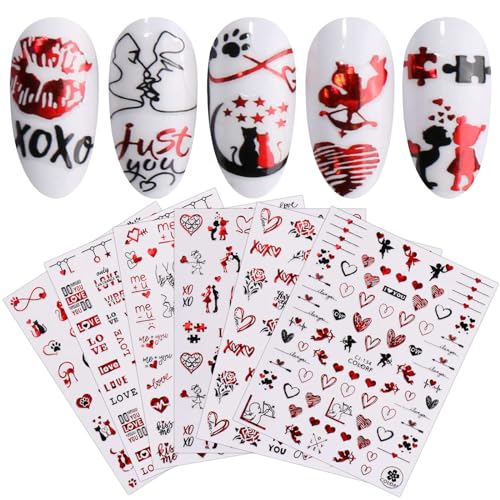 JMEOWIO Nagelsticker Valentinstag Herz 9 Blatt Nail Art Sticker Selbstklebend Nagelaufkleber Rot Schwarz Dekoration Nageldesign Zubehör von jmeowio