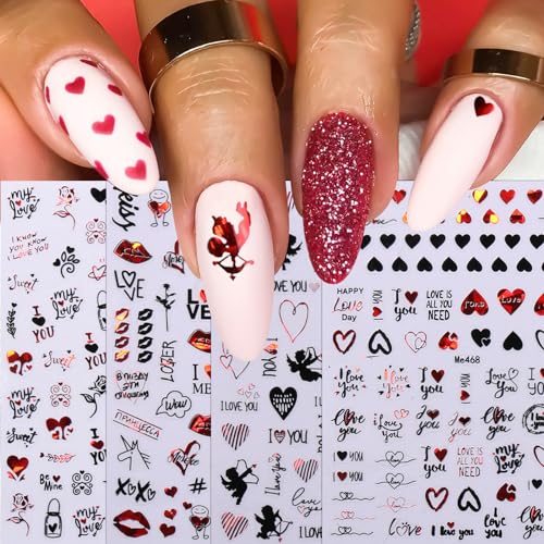 JMEOWIO Nagelsticker Valentinstag Herz 9 Blatt Nail Art Sticker Selbstklebend Nagelaufkleber Schwarz Rot Dekoration Nageldesign Zubehör von jmeowio