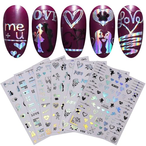 JMEOWIO Nagelsticker Valentinstag Herz 9 Blatt Nail Art Sticker Selbstklebend Nagelaufkleber Silber Schwarz Dekoration Nageldesign Zubehör von jmeowio