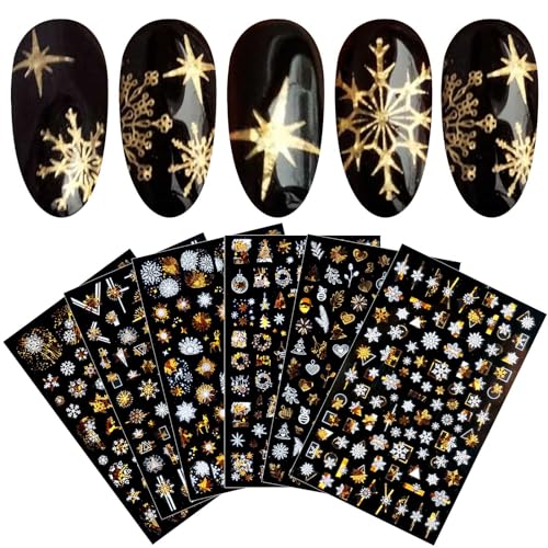 JMEOWIO Nagelsticker Weihnachten, 8 Blätter Nagelaufkleber Selbstklebend Nagel Sticker Schneeflocke Rentier Nail Art Decals Design DIY Dekoration (Gold und Weiß) von jmeowio