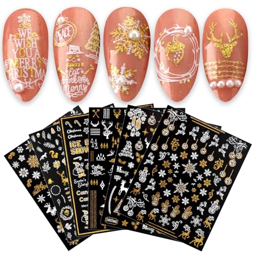JMEOWIO Nagelsticker Weihnachten 9 Blatt Nail Art Sticker Selbstklebend Nagelaufkleber Schneeflocke Schneemann Festival Weißes Gold Dekoration Nageldesign Zubehör von jmeowio