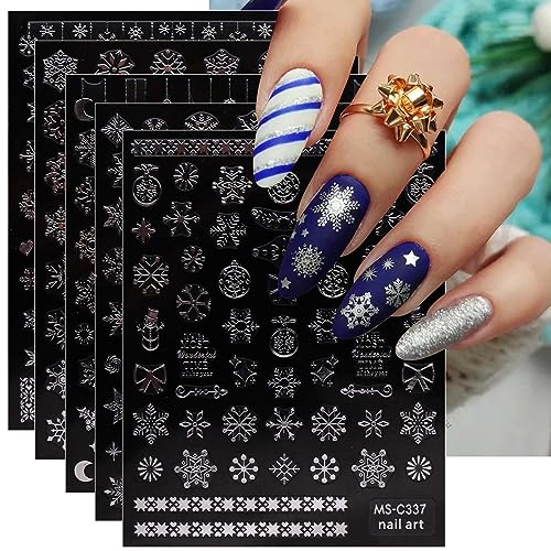 JMEOWIO Nagelsticker Weihnachten 9 Blatt Nail Art Sticker Selbstklebend Nagelaufkleber Schneeflocken Winter Silber Dekoration Nageldesign Zubehör von jmeowio