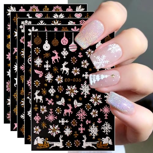 JMEOWIO Nagelsticker Weihnachten Glitzer 12 Blatt Nail Art Sticker Selbstklebend Nagelaufkleber Schneeflocke Winterurlaub Gold Dekoration Nageldesign Zubehör von jmeowio