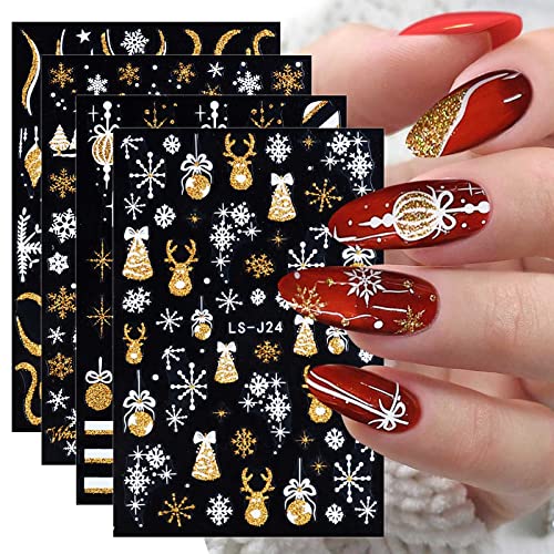 JMEOWIO Nagelsticker Weihnachten Glitzer 8 Blatt Nagelaufkleber Selbstklebend Goldschneemann-Schneeflocke-Weihnachtswinter Nail Art Sticker Dekoration Nageldesign Zubehör von jmeowio