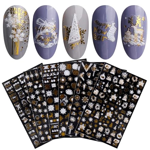 JMEOWIO Nagelsticker Weihnachten Glitzer 8 Blatt Nail Art Sticker Selbstklebend Nagelaufkleber Schneeflocke Weihnachten Winterurlaub Süß Dekoration Nageldesign Zubehör von jmeowio