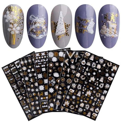 JMEOWIO Nagelsticker Weihnachten Glitzer 8 Blatt Nail Art Sticker Selbstklebend Nagelaufkleber Schneeflocke Weihnachts Winterurlaub Süß Dekoration Nageldesign Zubehör von jmeowio