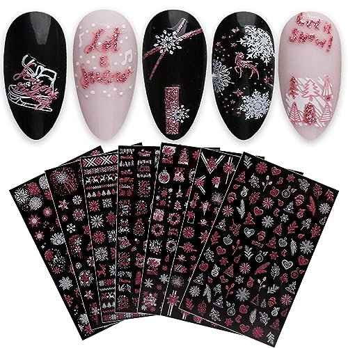 JMEOWIO Nagelsticker Weihnachten Glitzer 8 Blatt Nail Art Sticker Selbstklebend Nagelaufkleber Schneeflocken Winter Dekoration Nageldesign Zubehör von jmeowio