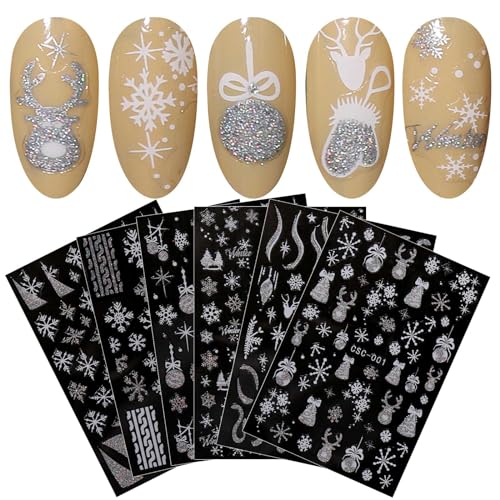 JMEOWIO Nagelsticker Weihnachten Glitzer 8 Blatt Nail Art Sticker Selbstklebend Nagelaufkleber Schneeflocken Winterurlaub Niedlich Dekoration Nageldesign Zubehör von jmeowio