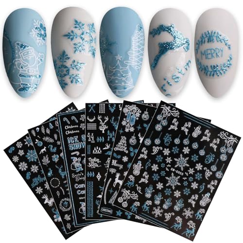 jmeowio JMEOWIO Nagelsticker Weihnachten Glitzer 9 Blatt Nail Art Sticker Selbstklebend Nagelaufkleber Schneeflocke Weihnachten Winterurlaub Grün Weiß Dekoration Nageldesign Zubehör von jmeowio